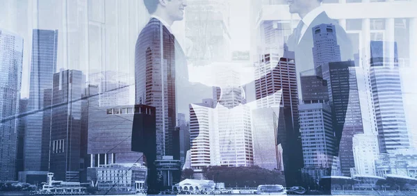 Business People Shaking Hands Banner Double Exposure Cooperation Concept Handshake — Stock Photo, Image