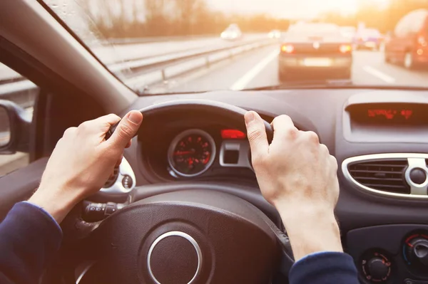 Traffic Jam Driving Car Highway Close Hands Steering Wheel Sunny — Stockfoto