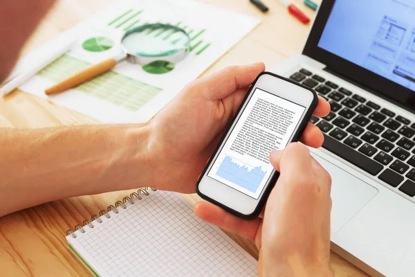 Business Analytics Financial Data Businessman Reading Annual Report Screen Smartphone — Stock Photo, Image