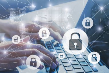 bilgi güvenliği, güvenli ağ internet bağlantısı konsepti, parola ile şifrelenmiş veri transferi, bilgisayar üzerinde yazı yazan siber güvenlik arkaplanı
