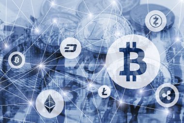 Sanal diyagram arayüzü üzerinde kripto para birimi bitcoin, litekoin ve ethereum, dijital para konsepti, kripto para birimi çifte pozlama