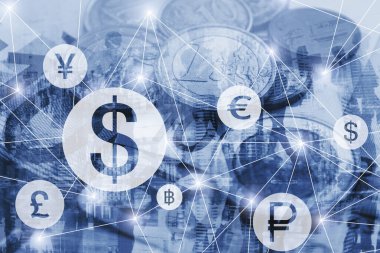 Para değişimi kavramı, sanal ağ arayüzü, dolar, avro ve pound üzerinden birbirine bağlı farklı döviz sembolleri