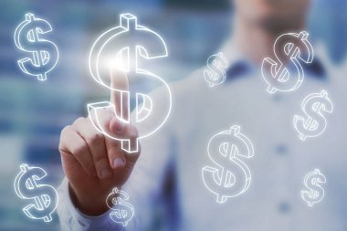 e-ticaret ya da para toplama finansal konsepti, çevrimiçi para kazanmak, iş adamı sanal 3 boyutlu Amerikan dolarına dokunuyor, dijital finans ve kâr yatırımı