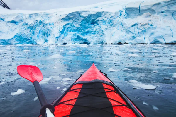 Extreme Adventure Sport Ανταρκτική Καγιάκ Κωπηλασία Καγιάκ Μεταξύ Antarctic Παγόβουνα — Φωτογραφία Αρχείου