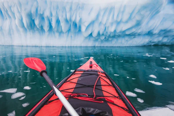 在南极洲的皮划艇上 有划桨的红色独木舟靠近蓝色的冰山 — 图库照片