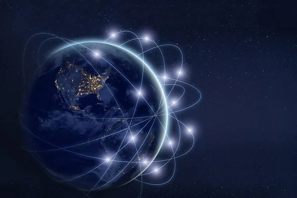 Dataudveksling Kommunikationsteknologi Koncept Globalt Virksomhedsnetværk Jorden Verden Web Satellitforbindelser Planet - Stock-foto