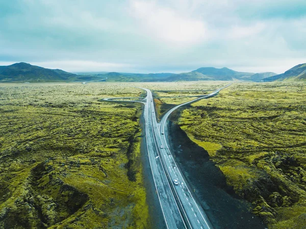 Aerial Landscape Iceland Drone View Highway Road Green Volcanic Fields — Stock Photo, Image