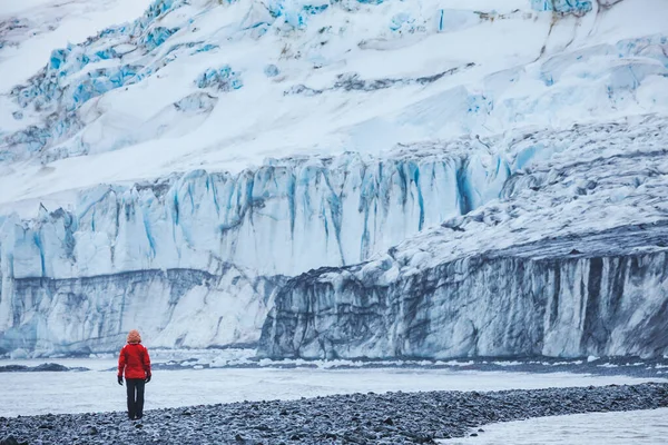 Személy Sétál Közelében Nagy Olvadó Gleccser Antarktiszon Gyönyörű Táj Livingston — Stock Fotó