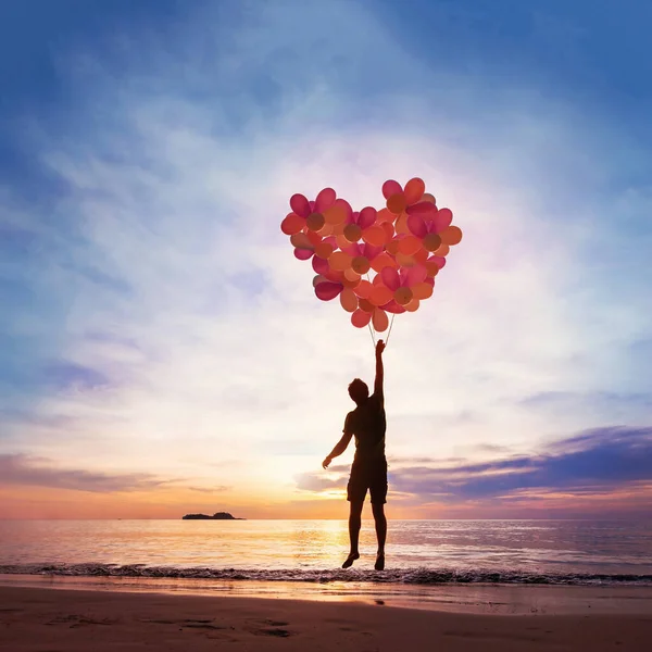 Conceito Bondade Amor Criança Voando Com Coração Balões — Fotografia de Stock