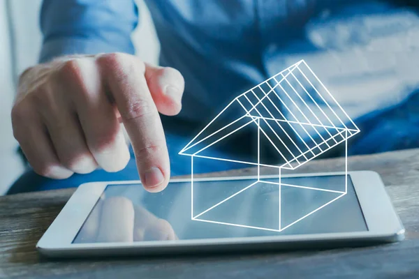 Digitales Immobilienprojekt Konzeptmodell Des Virtuellen Hauses Auf Dem Bildschirm Des — Stockfoto