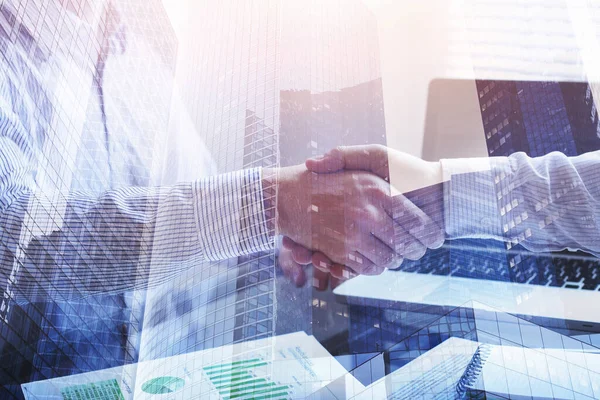 Collaboration Concept Business Meeting Double Exposure Handshake Closeup Office Background — Stock Photo, Image