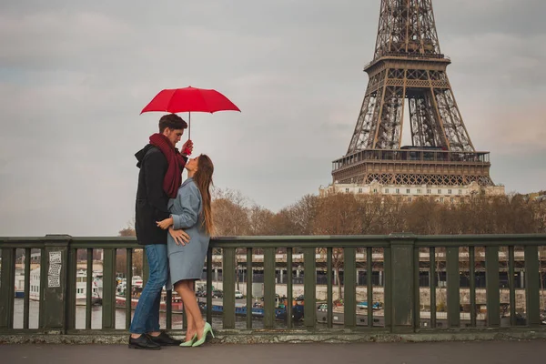 去年秋天 在巴黎艾菲尔铁塔附近 一对恋人在雨伞下接吻 免版税图库图片
