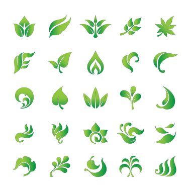 Yaprak simgeleri ayarlandı, beyaz arkaplanda yeşil yaprak izole edildi, EPS10, şeffaflık kullanmayın.