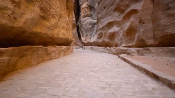 Spacer Siq Wąskim Kamiennym Kanionie Który Służy Jako Przejście Wejściowe — Wideo stockowe