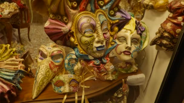 Maski Weneckie Sklepie Wyświetlacz Wenecja Włochy — Wideo stockowe