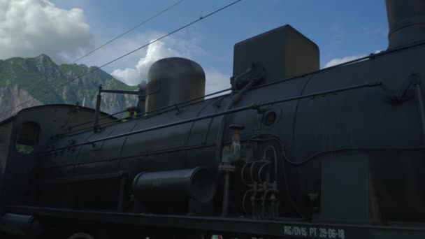 緑豊かな田園地帯を客車を引く古い蒸気機関車 — ストック動画