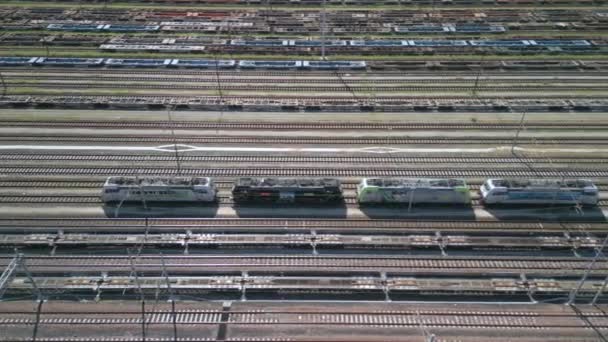 Vue Aérienne Moyeu Ferroviaire Avec Trains Marchandises Wagons Porte Conteneurs — Video