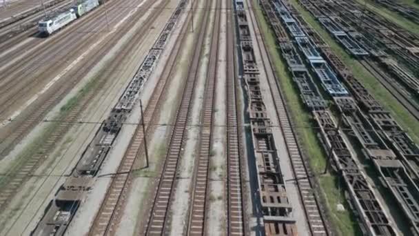 Yük Trenleri Konteynır Vagonları Olan Demiryolu Merkezinin Havadan Görünüşü — Stok video