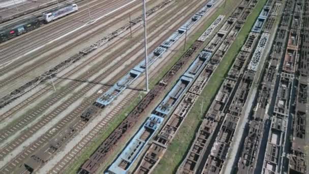 貨物列車とコンテナワゴンの鉄道ハブの空中ビュー — ストック動画