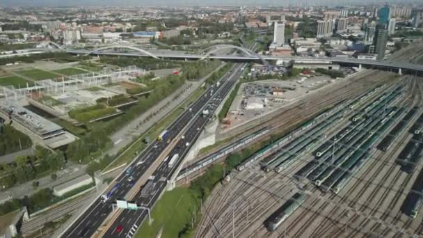 Vista Aérea Centro Ferroviário Com Comboios Mercadorias Vagões Porta Contentores — Vídeo de Stock