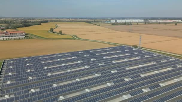 Vista Aérea Planta Energía Solar Con Muchas Filas Paneles Fotovoltaicos — Vídeo de stock