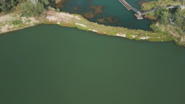 Aerial View Abandoned Quarry Flooded Bottom Creates Lake Green Waters — Stock Video