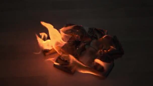 Seorang Pria Membakar Gumpalan Dollarbill Lantai Kayu Konsep Inflasi Dan — Stok Video