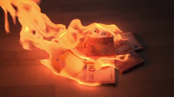 Человек Сжигает Пачки Долларовых Купюр Деревянном Полу Концепция Инфляции Деградации — стоковое видео