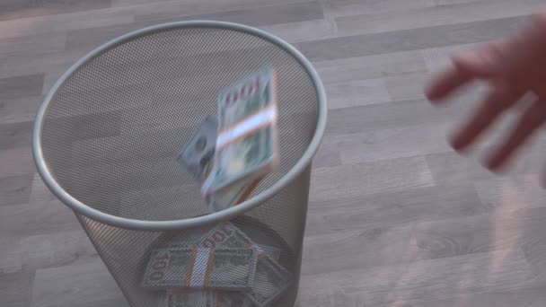 Een Man Verbrandt Stapels Dollarbiljetten Een Houten Vloer Het Concept Stockvideo