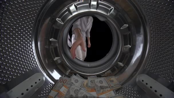 Man Burns Wads Dollarbills Wooden Floor Concept Inflation Devolution Depreciation Stock-Filmmaterial