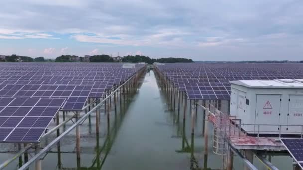Солнечные Батареи Установленные Над Водой Озера Вид Воздуха — стоковое видео