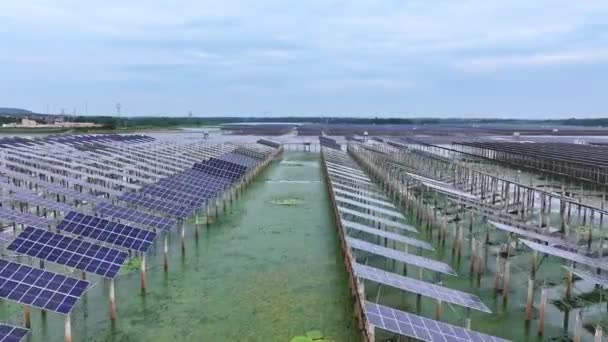 Painéis Solares Instalados Sobre Água Lago Vista Aérea — Vídeo de Stock