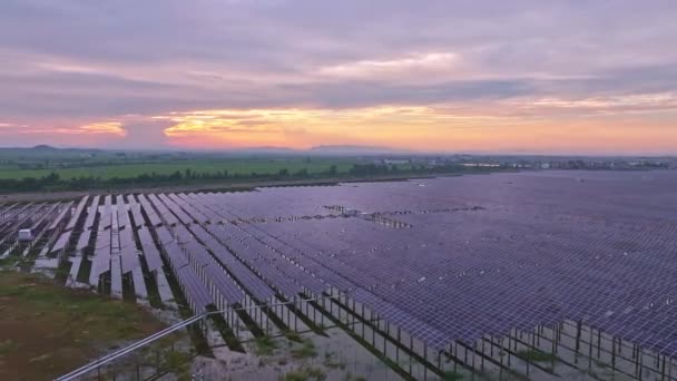 Luftaufnahme Von Sonnenkollektoren Auf Dem Feld Bei Sonnenuntergang — Stockvideo