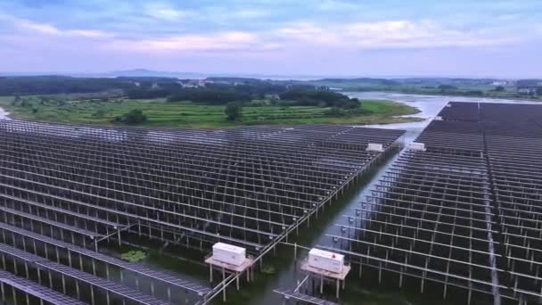 Sonnenkollektoren Über Dem Seewasser Installiert Luftaufnahme — Stockvideo