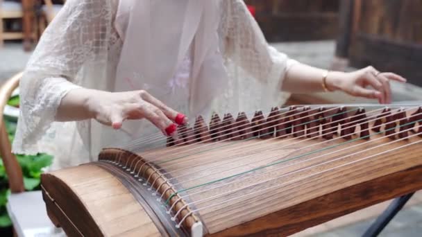 Beskärd Kvinna Spelar Traditionella Musikinstrument — Stockvideo