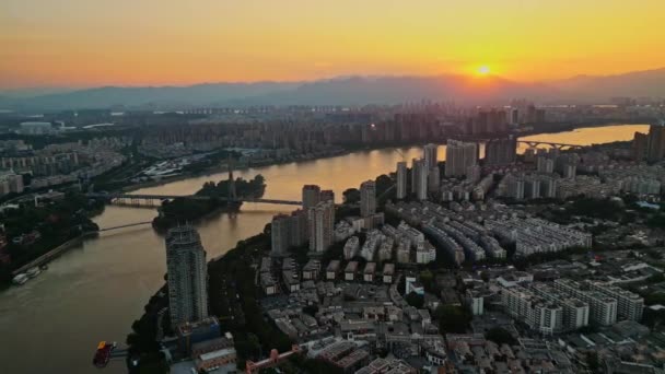 Aerial View Modern City Sunset — Stock Video