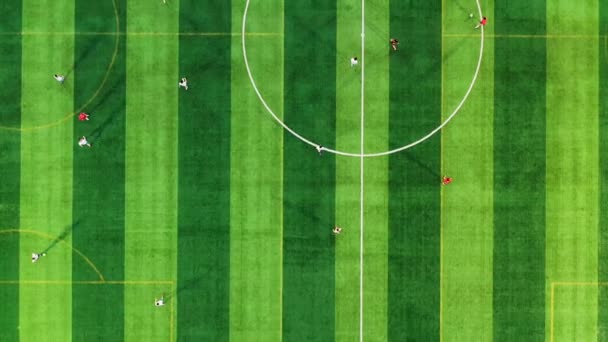Letecký Pohled Sportovce Hrající Fotbal Fotbalovém Hřišti — Stock video