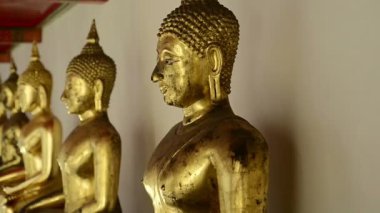 Bangkok, Tayland 'daki Wat Pho Tapınağı' nda altın Buda heykelleri hizalanmıştı..