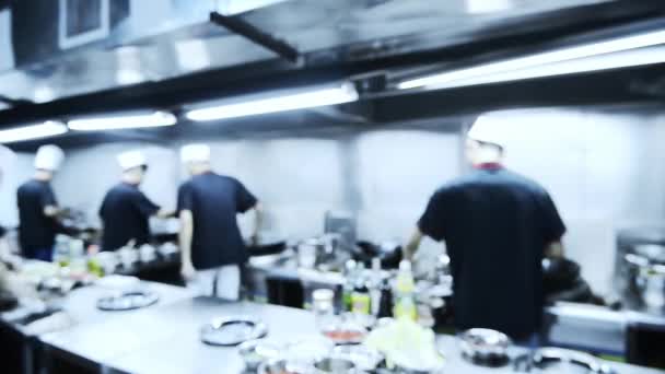 Moto Sfocato Degli Chef Che Cucinano Nella Cucina Del Ristorante — Video Stock