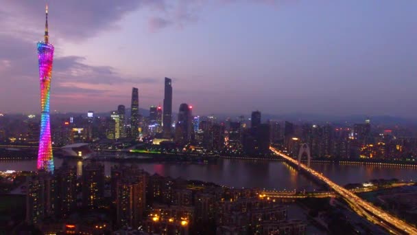 Légi Drón Kilátás Guangzhou Város Éjjel — Stock videók