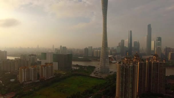 Vista Aérea Drone Cidade Guangzhou Durante Por Sol — Vídeo de Stock