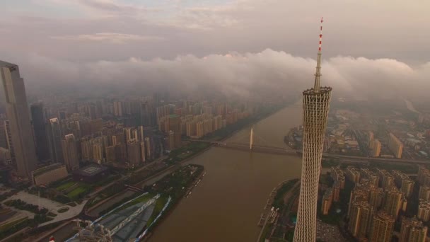 Flygdrönare Utsikt Över Guangzhou Stad Solnedgången — Stockvideo
