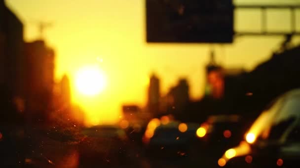 Cityscape Road Traffic Seen Car Window Sunrise Time — Stock Video