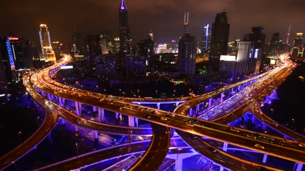 Şangay Neon Gece Karayolu Çin Aydınlık Gökdelenler — Stok video