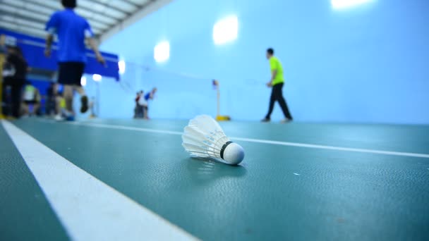 Quadras Badminton Com Jogadores Competindo Indoor — Vídeo de Stock