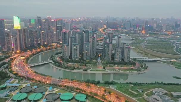 Vista Aérea Ciudad Moderna Iluminada China — Vídeos de Stock