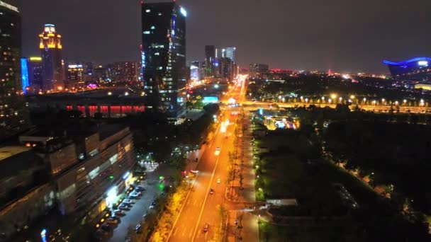 Luchtfoto Van Verlichte Moderne Stad China — Stockvideo