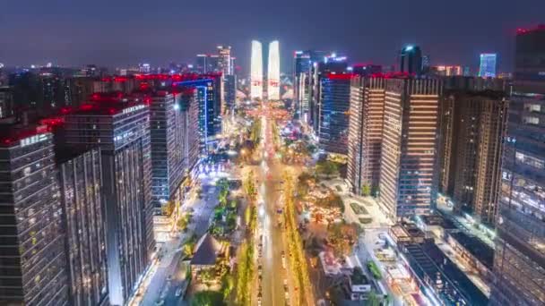 Hyperlapse Antenn Syn Upplyst Modern Stad Kina — Stockvideo