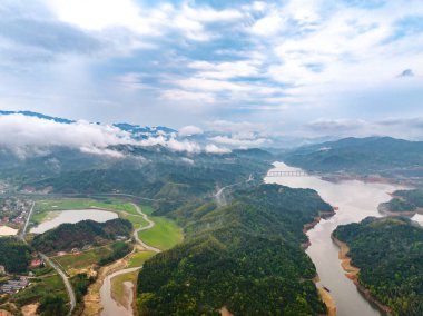 Dağlı yeşil ormanın havadan görünüşü 