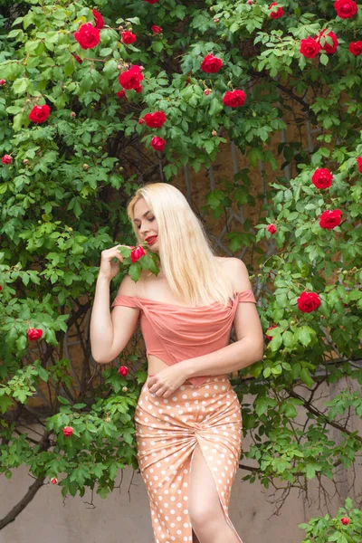 Krásná Žena Dlouhými Blond Vlasy Rudými Rty Růžových Šatech Představuje — Stock fotografie